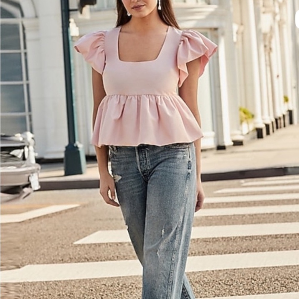 Express Square Neck Flutter Sleeve Peplum Babydoll Top Light Pink